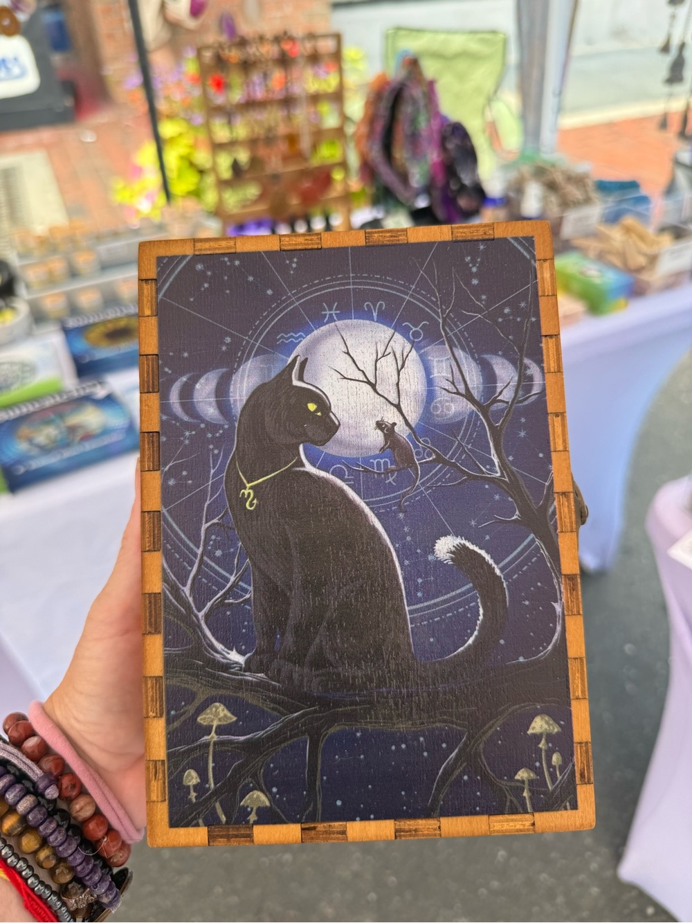 Black Cat Wooden Trinket Box with Moonlit Design